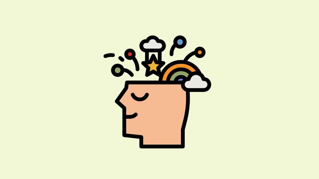 Graphic of a human head with phenomena like stars and rainbows jumbled together and bursting out.