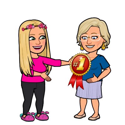 A bitmoji (cartoon avatars) of Debbie pinning a rosette that reads "#1" to Teresa's chest.