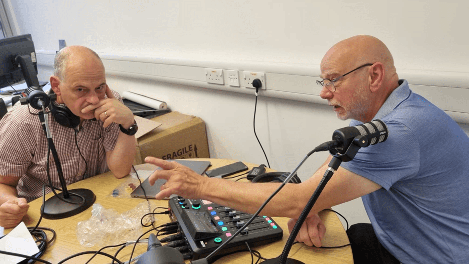 Neil Withnell – UoS SHS Student Experience Academic Dean and Adam Fowler – Lecturer and Podcasting Lead at UoS School of Media), recording a podcast
