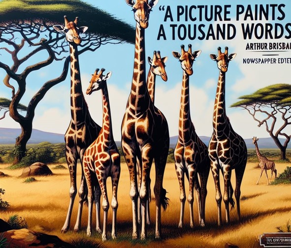 genAI image of giraffes and the text "A picture paints a tousand [sic] words" Arthur Brisbane, Nowspapper Edte [sic].