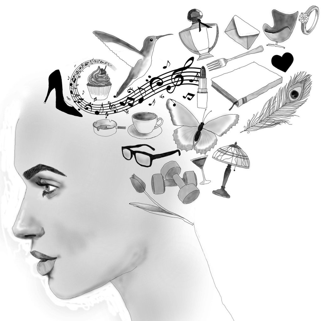 Drawn style black and white image of various objects flowing out of a person's head, including a shoe, tea cup, glasses, feather, book, fork, music notation, and many more.