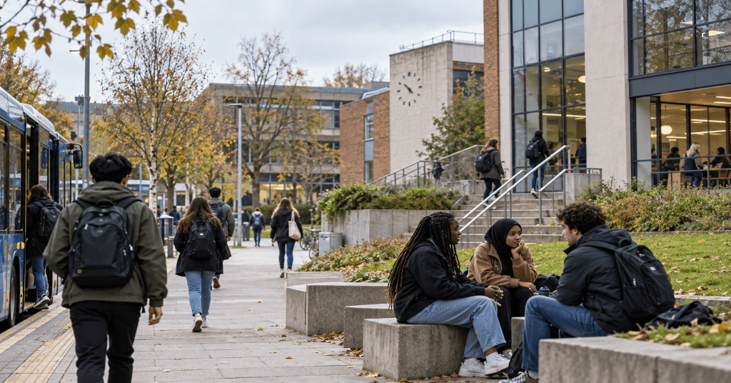 Students arrive by bus, walk between university buildings and talk in an outdoor campus space, with a clock visible in the background.