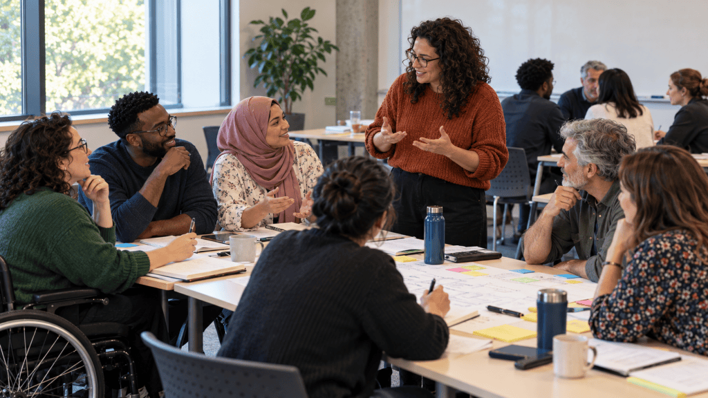 Diverse higher education colleagues taking part in a participatory professional-development session, discussing ideas and working collaboratively around shared tables.